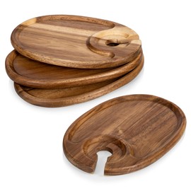 PICNIC TIME TOSCANA -Wine Appetizer Plates, Cocktail Plate with Glass Holder, Cheese Board with Wine Holder, (Acacia Wood), 9 x 6, Set of 4