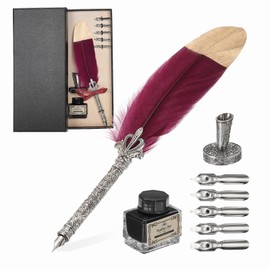 PATIKIL Feather Quill Pen Set, 1 Set Vintage Feather Calligraphy Pen Fountain Dip Pen Set with Ink, Pen Holder and Replacement Nibs for Beginner Writer Writing Gift, Dark Red
