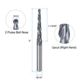sourcing map Tapered Ball Nose End Mill CNC Router Bit, 1.5mm Radius 1/4" Shank Solid Carbide TiAlN Coated Upcut Spiral 2 Flutes Cutter Milling Tool, 3mm Dia 3" Total Length