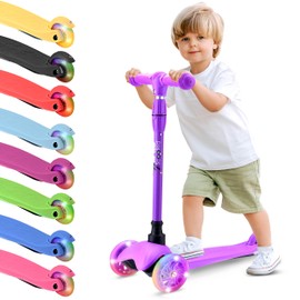 Hurtle Mini Kickboard Scooter for Kids - Height Adjustable 25''-28'', Lightweight 3-Wheel Scooter with LED Light-up Wheels, Anti-Slip, for Ages 2-5 (Purple)