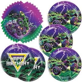40pcs Monster Truck Party Plates and Napkins for Monster Truck Birthday Party Supplies，Green Purple Monster Truck Party Tableware Decorations for Kids Birthday Baby Shower (G)