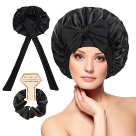 OWITER Satin Bonnet, Silk Sleep Bonnets for Women, Adjustable Satin Night Sleeping Cap Soft Elastic Band Silk Bonnets for Sleeping, Hair Bonnet + Scrunchies (Black)