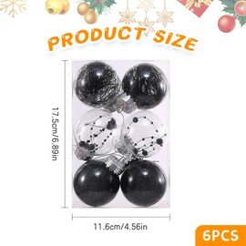 6 Pcs Christmas Baubles Ball Shatterproof Christmas Ball Ornaments with Strings Plastic Christmas Tree Decorations Ball Hanging Baubles Balls for Christmas Tree Party Supplies(Black)