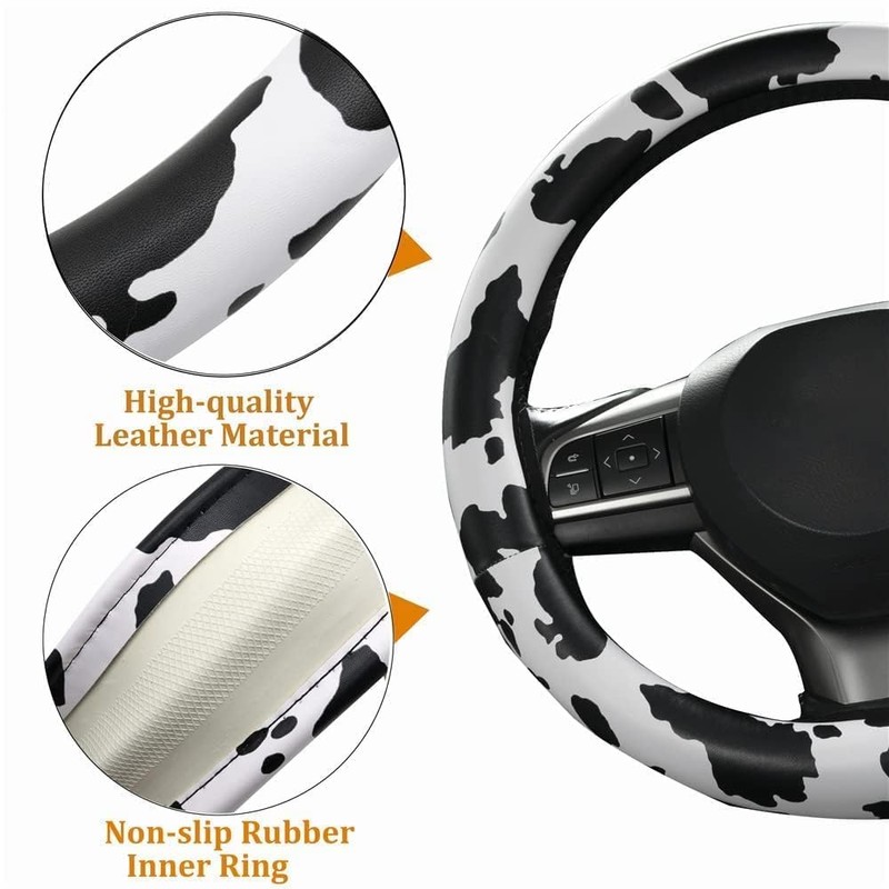 AUTOXBERT 3Pcs Cow Print Steering Wheel Cover Set 15Inch Wheel