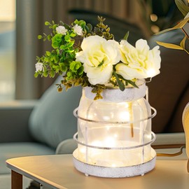Rustic Home Décor Vase, Artificial Flowers Glass Jar, Farmhouse Décor Vintage Styled Rusted Lantern Decor with Plants and LED Strings, Hanging Lantern Home Kitchen Centerpiece Table Décor White