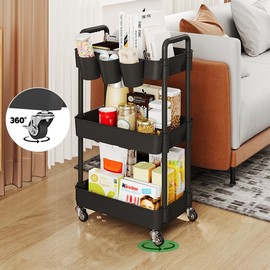 UDEAR 3-Tier Rolling Utility Cart,Multifunctional Storage Shelves with Handle and Lockable Wheels for Room,Office,Kitchen,Bathroom,with 3 Hanging Cups,Black - Color: 3Tier with 3 Cups [Black]