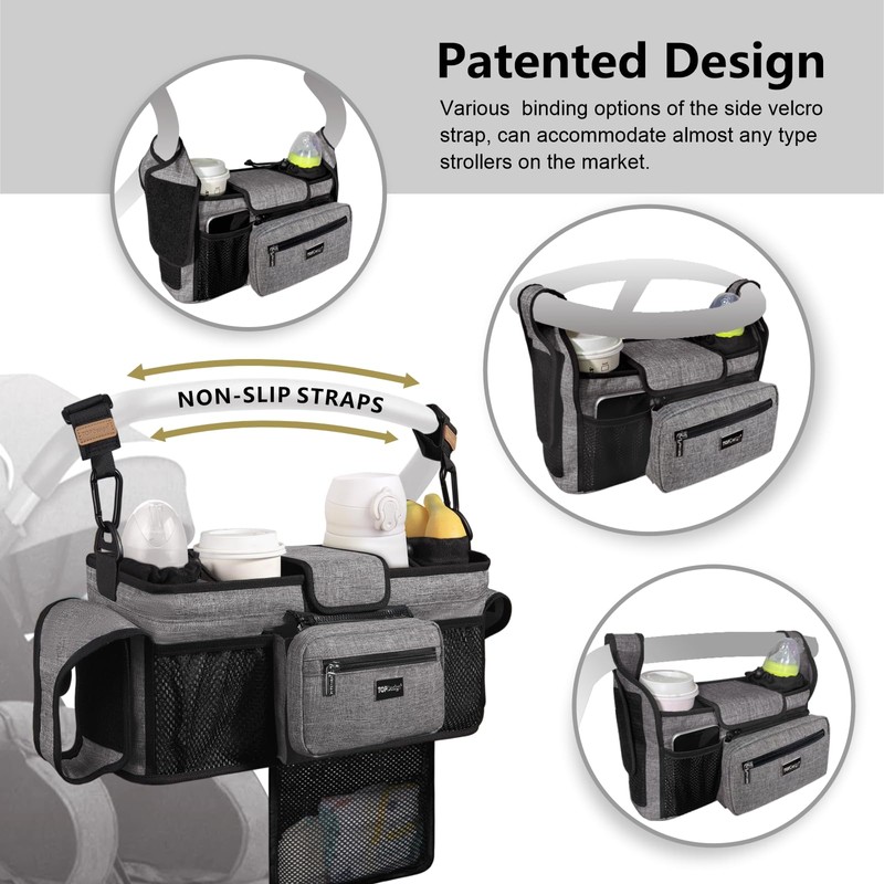 TOPDesign Universal Baby Stroller Organizer, Double Stroller Caddy with Detachable