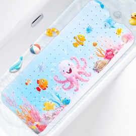 Kids Bath Mat with Ocean Theme Design, 40x16 inches, Non-Slip with 200 Suction Cups, Cartoon Sea Animals Pattern (Octopus, 40 * 16in)