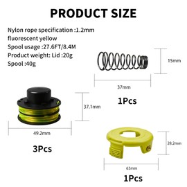 RAC118 Replacement Trimmer Spool Line For Ryobi RLT3525S RLT3025F/S Trimmer Spool, Double Autofeed, 1.2mm Dia 8.4m Long, Trimmers Replacement Spools with Cover and Spring(3 spool +1 cap+1 spring)