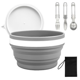 Camping Crockery Set 4-Piece Foldable - Large 950 ml Folding Bowl with PP Lid & Stainless Steel Camping Cutlery Set - Space Saving & Dishwasher Safe Outdoor Tableware for Picnics, Travel & Hiking