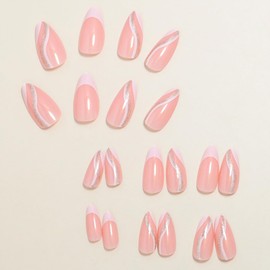 ANDGING White French Tip Press on Nails Almond Short Medium Fake Nails with Curved Line Designs Glue on Nails for Wedding Gel Manicure Pressons Nails Full Cover False Nails for Women Stick on Nails