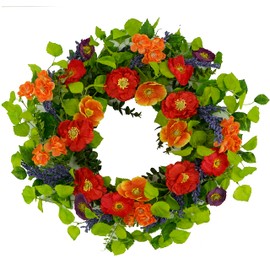 WreathDream 22 inch Artificial Spring Summer Wreaths for Front Door Poppy Wreath with Lavender Ear,Cherry Blossom,for Front Door Indoor Outdoor Home Farmhouse Decor