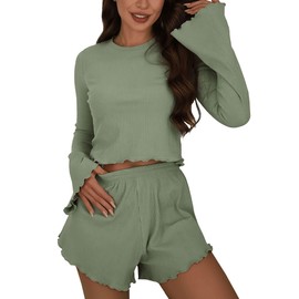 Hilinker Womens 2 Piece Pajama Set Cute Long Sleeve Tops and Shorts Ribbed Lounge Sets Green Large