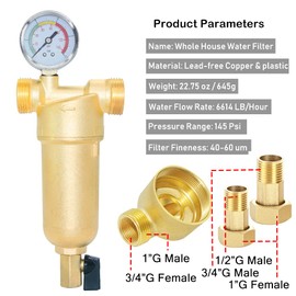 Beduan Reusable Spin Down Sediment Water Filter for Whole House Prefilter System Protector,1"Male Thread,3/4"Male & Female Thread,1/2"Male Thread (50 Micron & Copper Made & Pressure Gauge)