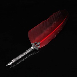 Feather Pen/Quill Antique Dip Pen Set - Acogedor Calligraphy Feather Dip Quill Pen Set - Writing Quill Ink Dip Pen with 5 Replacement Nibs and Pen Nib Base for Stationery Gift (Red/Black)(Red)