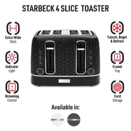 Haden Starbeck 4 Slice Wide Slot Stainless Steel Toaster with Adjustable Browning Control & Non-Slip Feet, Black & Chrome