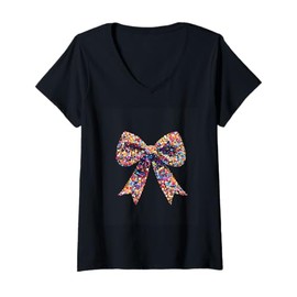 Womens Colorful Dot Bow Graphic Fashion Decor V-Neck T-Shirt