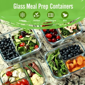 2 & 3 Compartment Glass Meal Prep Containers (4 Pack, 32 oz) - Glass Food Storage Containers with Lids, Glass Bento Box, Portion Control, Airtight, Oven & Freezer safe, Black Lids