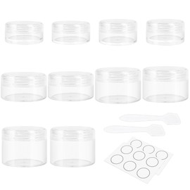 GOLACKY 10 Pieces Small Travel Containers, 3/5/10/15/20 Gram Size Travel Containers for Creams, Sample Containers with Screw Lids, 12Pcs Labels/2Pcs Mini Spatulas, Plastic Makeup Containers (Clear)