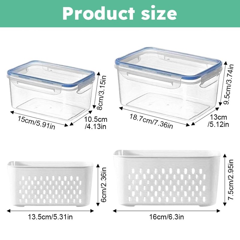 2 Pack Fruit Storage Containers for Fridge with Removable Drain
