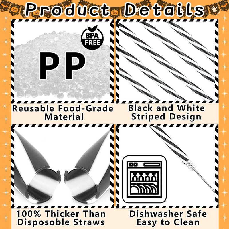 Reusable 30 Black White Striped Straws for Graduation Party,Halloween Favor