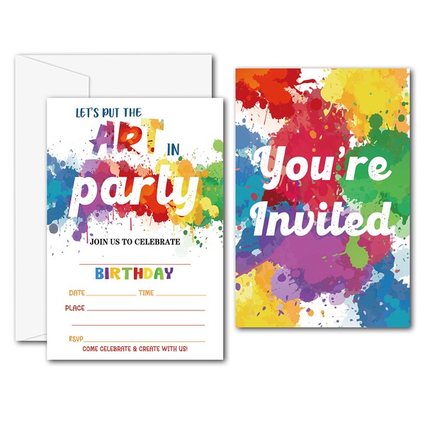 Art Birthday Party Invitations - Paint Splatter Party Supplies - Fill in The Blank Birthday Party Invites - 20 Invitation Cards With 20 Envelopes - (008A)