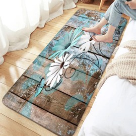 Farmhouse Floral Flower Bath Mat, Teal Daisy Rustic Wooden Plank Country Barn Wood Turquoise Blue Non-Slip Flannel Soft Doormat Floor Entryways Outdoor Indoor Front Door Mat, 16x48