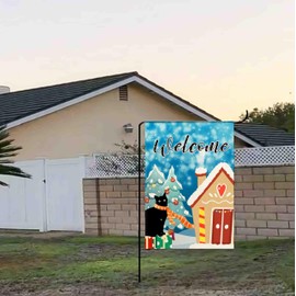 Welcome Winter Cute Cat Garden Flag Rustic Snow Farmhouse Christmas Yard Flag Small Double Sided Seasonal Holiday Garden Flag Outdoor Decor 12.5x18 Inch