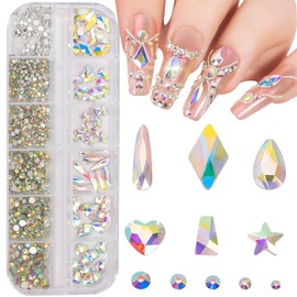 Multi Shapes AB 3D Glass Crystal Nail Art Rhinestones Kit with 0.8mm Round Bead Charm Flatback Gem Stone Jewelry Diamond for Manicure Makeup DIY Craft Decoration