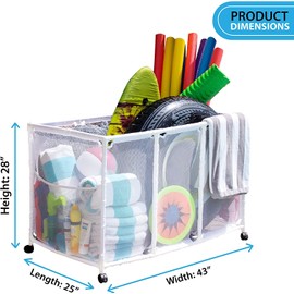 Pool Bins Pool Noodles Holder, Toys, Balls and Floats Equipment Mesh Rolling Storage Organizer Bin, Kids Height, Large, (25" L x 43" W x 28" H), White