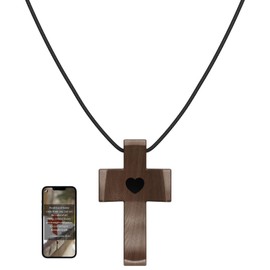 Wooden Cross Necklace, Cross Pendant for Stress Relief, Touch to Read Bible Verses via Phone, Adjustable Walnut Necklace for Baptism, Confirmation, Easter, Christmas