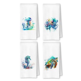 ArtisaEura Coastal Jellyfish Octopus Sea Horse Turtle Beach Hand Towels for Bathroom Set of 4, Coastal Beach Kitchen Towels, Nautical Dish Tea Towels for Kitchen Decor, Ocean Bathroom Decor, 16x24in