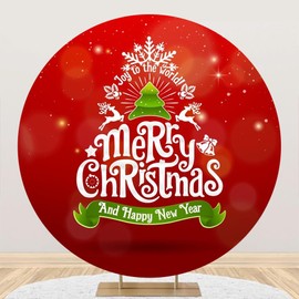 Red Merry Christmas Round Backdrop Cover 7.2ft Happy New Year Xmas Tree Circle Backdrops Joy to The World Snowflake Deer Background for Photography Winter 2024 Party Banner Decor Photo Studio Props