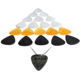WINGO Guitar Picks with Grip Stamped 20 Pack, Non Slip Textured Picks (073, 088, 1.0, 1.25, 1.5mm) with a Metal Pick Necklace for Acoustic Electric Guitars Bass