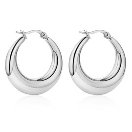 LIAN Chunky Gold Hoop Earrings 18K Real Gold Plated Large Thick Hoops Stainless Steel Lightweight Oval Hoop Earrings for Women Dainty Gold Earrings Jewelry Gifts for Teen Girls(Silver-30mm)