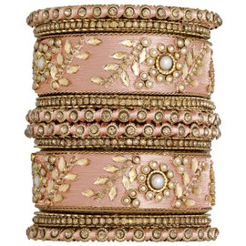 Aheli Traditional Wedding Designer Silk Thread Faux Stone Studded Bridal Bangle Set Chuda Indian Ethnic Bollywood Fashion Jewelry Gift for Women Peach Size 2.8"