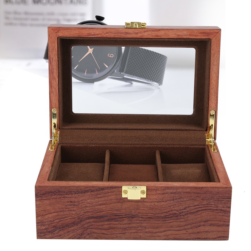 Wooden 3 Grid Watch Display Box Transparent Window Anti‑Slip Watch