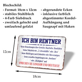 helges-shop I Am Rentner Tin Sign – Funny Metal Sign with Cord and Suction Cup – Sign with Funny Saying for the Forever Young at Heart – Gift Idea for Grandma Grandpa Grandparents – 18 x 12 cm