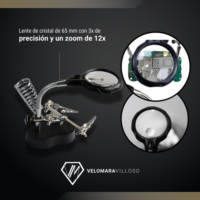 Lupa Base con Caimanes 65 mm con Led 3 a