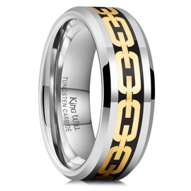 King Will 8mm Mens Tungsten Wedding Band Silver Carbide Rings Gold Chain Sticker Inlay Men's Engagement Ring for Men Women Beveled Polished Edge Comfort Fit Size 11