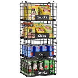 JKsmart Pantry Organizers and Storage, 4 Pack XL Stackable Wire Baskets with NamePlates, Metal Storage Bins for Snack Can Fruit Vegetable Spice