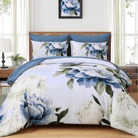 Dobuyly Blue Full Size Comforter Set 7 Piece Bed in a Bag, Blue Floral Print on Light Blue Comforter Set with Sheets, Soft Microfiber Complete Bedding Set for All Season