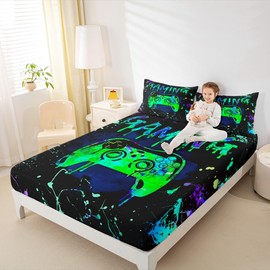 Erosebridal Gamer - Sábana bajera ajustable para niños, tamaño individual, juego de ropa de cama para niños, niñas, adolescentes, decoración de habitación de jugadores, consola de videojuegos, sábanas