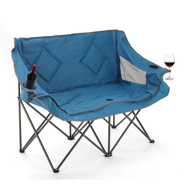 ARROWHEAD OUTDOOR Portable Folding Double Duo Camping Chair Loveseat w/ 2 Cup & Wine Glass Holder, Heavy-Duty Carrying Bag, Padded Seats & Armrests, Supports up to 500lbs, USA-Based Support