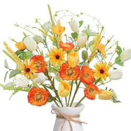 HO2NLE 6Pcs Artificial Poppy Flowers Mixed Silk Tulips Fake Flower with Stems Real Touch Faux Spring Floral Arrangements for Home Kitchen Wedding Table Centerpiece Decorations