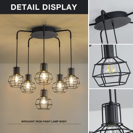 6-Light Pendant Light Fixtures, Industrial Farmhouse Hanging Lighting, Black Metal Cage Dining Room Chandelier, Height Adjustable Multi-Light Ceiling Lamp for Kitchen Island, Foyer, Entryway, E26 Base