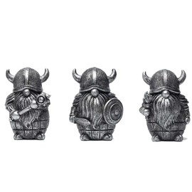 3PCS Viking Warrior Gnome Figurines Set-Viking Decor Home Ornament Mini Gnomes for Table,Shelves,Cabinet (Silver)