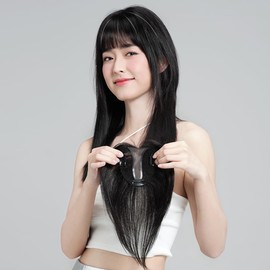 Rebecca Partial Wig, 100% Real Human Hair Bang, Medical Use, Bangs Wig, Center Parting, Inconspicuous Hairline, Volume Up, Thin Cover, Mature Fringe, Self Blending, Easy to Wear/Breathable (1B/Natural