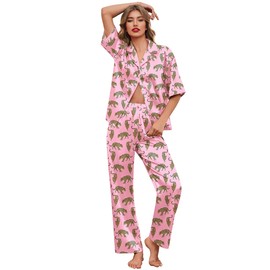 Ekouaer Silk Satin Pajamas Set Women Short Sleeve Pj Sets Button Down Sleepwear 2 Piece Soft Loungewear,Pink Cheetah,XL