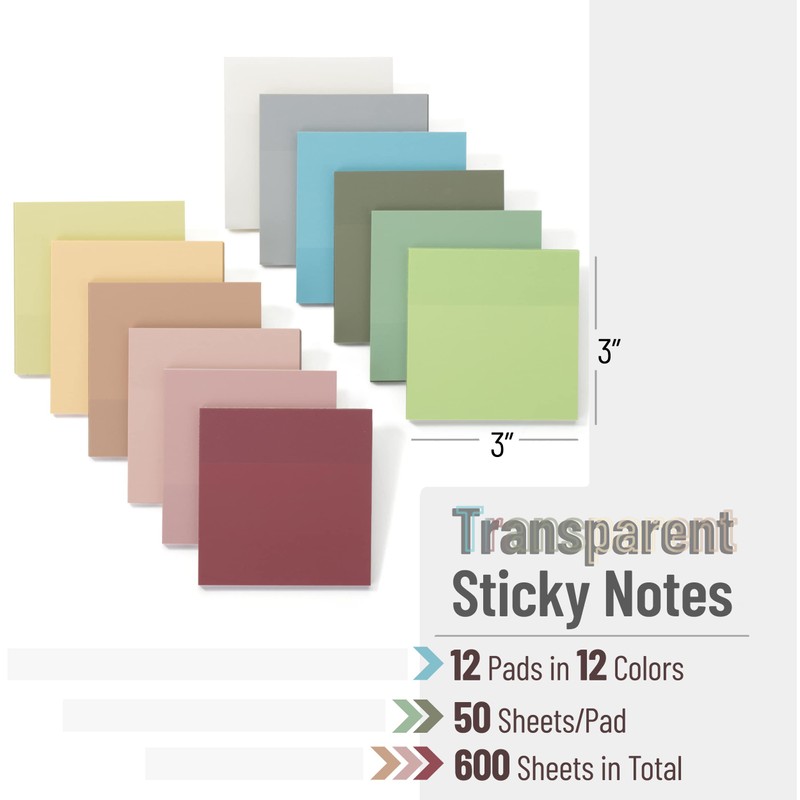 Mr. Pen- Sticky Notes, 3”x3”, 12 Pads, Transparent Sticky Notes,